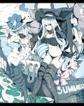  aircraft_carrier_hime aircraft_carrier_summer_hime battleship_hime battleship_summer_hime bikini black_bikini black_border black_hair black_hat blue_eyes border gauntlets hair_over_one_eye hat horns kantai_collection long_hair looking_at_viewer multiple_girls ninimo_nimo red_eyes seaport_summer_hime shinkaisei-kan side-tie_bikini smile swimsuit white_hair white_hat 
