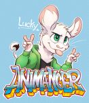 animancer badge blep dipodid fur green_eyes hi_res jerboa luck_(animancer) mammal peace_sign_(disambiguation) rodent tongue tongue_out white_body white_fur