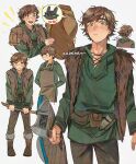  1boy apron axe boots brown_apron brown_boots brown_hair brown_pants brown_vest closed_mouth commentary english_text fur-trimmed_boots fur_trim fur_vest green_eyes green_shirt happy_aura hiccup_horrendous_haddock_iii holding holding_axe holding_shield hood hood_down hooded_shirt how_to_train_your_dragon_(series) kadeart male_focus multiple_views open_clothes open_mouth open_vest pants pouch red_shirt shield shirt short_hair smile speech_bubble toothless vest 