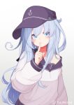  1girl anchor_symbol black_hat black_sailor_collar blue_eyes blue_hair flat_cap hat hibiki_(kancolle) highres kantai_collection long_hair long_sleeves looking_at_viewer reitou_mikan sailor_collar school_uniform serafuku smile solo very_long_hair 