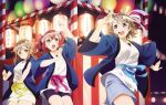  3girls :d :o aqua_eyes arm_up artbook bike_shorts blue_eyes blush brown_hair collarbone festival grey_hair hachimaki happi headband highres japanese_clothes kunikida_hanamaru kurosawa_ruby lantern long_hair looking_at_viewer love_live! love_live!_sunshine!! multiple_girls nejiri_hachimaki night night_sky non-web_source official_art open_mouth outdoors paper_lantern red_hair ribbon round_teeth salute sash short_hair shorts sky smile summer_festival teeth two_side_up v-shaped_eyebrows watanabe_you yellow_eyes 