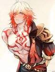  1boy armlet armor bandaid bandaids_on_nipples bare_pectorals black_coat black_pants blonde_hair blush braid chest_tattoo coat commentary_request earrings facial_tattoo gold_earrings gradient_hair hair_between_eyes highres honkai:_star_rail honkai_(series) jewelry makaretaiyo male_focus medium_hair multicolored_hair mydei_(honkai:_star_rail) open_clothes open_coat pants parted_lips pasties pauldrons pectorals red_hair red_tattoo shoulder_armor side_braid simple_background single_pauldron solo tattoo white_background yellow_eyes 