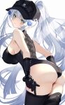  1girl absurdres ass ass_focus back black_gloves black_hat black_thighhighs blue_hair bodysuit breasts cross_hair_ornament diieru girls&#039;_frontline girls&#039;_frontline_2:_exilium gloves green_eyes hair_ornament hat highres hk416_(girls&#039;_frontline) klukai_(girls&#039;_frontline_2) large_breasts long_hair looking_at_viewer ponytail sideboob simple_background sleeveless sleeveless_bodysuit solo standing tattoo teardrop_tattoo thighhighs white_background 