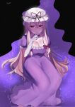  1girl artist_name black_background blonde_hair breasts choker cleavage dress elbow_gloves finger_to_own_chin frills gloves hair_between_eyes hair_ribbon hat highres large_breasts light_smile long_hair looking_down majime_joe mob_cap purple_dress purple_eyes ribbon short_sleeves sitting sitting_on_liquid solo touhou very_long_hair white_gloves yakumo_yukari 
