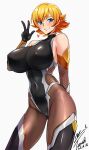  1girl absurdres bare_shoulders blue_eyes blush bodysuit breasts cameltoe covered_groin covered_nipples elbow_gloves fishnet_cutout fishnets gloves grin heart highres igawa_sakura impossible_bodysuit impossible_clothes large_breasts looking_at_viewer orange_hair shiny_skin short_hair simple_background skin_tight smile solo standing taimanin_(series) taimanin_asagi taimanin_suit w white_background yoo_tenchi 