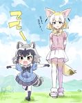  :o age_difference animal_ears arms_behind_back artist_name black_skirt blonde_hair blue_sky bow bowtie cloud commentary common_raccoon_(kemono_friends) day fang fennec_(kemono_friends) fox_ears fox_tail grey_hair height_difference kemono_friends looking_at_viewer multicolored_hair multiple_girls open_mouth outdoors outstretched_arms raccoon_ears raccoon_tail running shinoasa short_hair skirt sky spread_arms tail thighhighs translated twitter_username v-shaped_eyebrows walking white_hair white_skirt younger 