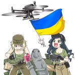  2girls 2others anonymous_(japanese) azov_battalion belt belt_buckle belt_pouch black_belt black_gloves black_pouch blonde_hair blush bomb boots bow breasts brown_boots brown_eyes brown_pants buckle cargo_pants clenched_teeth controller crop_top drone evil_grin evil_smile explosive gloves green_gloves green_hair green_shirt green_tank_top grin happy hat holding holding_bomb holding_controller holding_missile holding_pen homunculus_loxodontus jacket japanon kraken_(japanon) large_breasts long_hair looking_down marichka medium_breasts midriff military military_uniform multiple_girls multiple_others navel open_mouth original pants peaked_cap pen pouch russo-ukrainian_war schweinokaras shiny_eyes shirt shirt_bow short_hair smile squid_print stomach swastika_tattoo tank_top tattoo teeth transparent_background ukraine ukrainian_flag v-shaped_eyebrows 