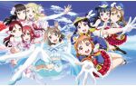  6+girls :d aqua_eyes artbook black_hair blonde_hair blue_eyes blue_hair blue_skirt blue_sky boots bow braid brown_hair choker cloud day earrings feathers floating_hair flower gloves grey_hair hair_bun hair_flower hair_ornament hair_ribbon happy_party_train hat heart highres jewelry koi_ni_naritai_aquarium kunikida_hanamaru kurosawa_dia kurosawa_ruby long_hair looking_at_viewer love_live! love_live!_sunshine!! matsuura_kanan midriff miniskirt mole mole_under_mouth multiple_girls navel non-web_source official_alternate_costume official_art ohara_mari open_mouth orange_hair outstretched_arm outstretched_arms pleated_skirt purple_eyes purple_hair red_eyes red_hair red_skirt ribbon sakurauchi_riko short_hair skirt sky smile takami_chika thighhighs tsushima_yoshiko two_side_up watanabe_you white_gloves yellow_eyes 