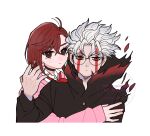  1boy 1girl ayase_momo black_choker black_jacket bow bowtie brown_eyes brown_hair choker closed_mouth collared_shirt commentary_request dandadan earrings facial_mark gakuran glasses hair_between_eyes highres jacket jewelry light_blush long_sleeves looking_at_viewer loose_bowtie pink_sweater red_bow red_bowtie red_eyes round_eyewear school_uniform shirt short_hair sweater takakura_ken_(dandadan) takakura_ken_(transformed)_(dandadan) transformation tttti24 upper_body white_background white_hair white_shirt 