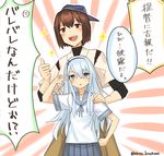  black_hat blue_eyes brown_eyes brown_hair cosplay emphasis_lines flat_cap grey_hairband grey_sailor_collar grey_skirt hairband hat hibiki_(kantai_collection) hyuuga_(kantai_collection) kantai_collection long_hair multiple_girls pleated_skirt sagiri_(kantai_collection) sagiri_(kantai_collection)_(cosplay) sailor_collar school_uniform serafuku short_hair short_sleeves silver_hair skirt translated twitter_username undershirt v_over_eye yamashiki_(orca_buteo) 