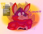 2025 absurd_res anthro bodily_fluids canid canine canis coyote dialogue digital_media_(artwork) duo english_text eye_patch eyewear five_nights_at_freddy&#039;s fox foxy_(fnaf) freddy_(fnaf) fur hi_res indigo_park inner_monologue machine male mammal red_body red_fur robot scared scottgames shadow shaking silhouette simple_background skurv_the_coyote_(indigo_park) startcylinder sweat sweatdrop tan_body tan_fur text text_box thinking