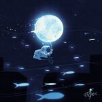 1other absurdres artist_name astronaut backpack bag balloon building commentary crater fish flying flying_fish full_moon gloves helmet highres holding holding_balloon kazunoko_(kazunoko_zunoco) moon night night_sky original other_focus radio_antenna signature sky solo space_helmet spacesuit star_(sky) starry_sky white_gloves wind 