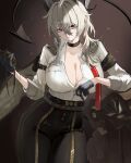  1girl absurdres arm_pouch armband bags_under_eyes black_armband black_choker black_horns black_jacket black_pants black_pouch black_tail breasts choker closed_mouth collared_shirt commentary_request cowboy_shot curled_horns demon_tail grey_hair hair_between_eyes high-waist_pants highres holding holding_pocket_watch horns jacket jacket_on_shoulders large_breasts long_hair looking_at_viewer lune_(illust_lune) mole mole_on_breast multicolored_hair necktie pants pocket_watch red_eyes red_necktie shield shirt shirt_tucked_in solo streaked_hair tail tight_clothes tight_pants undone_necktie watch white_shirt wuthering_waves zani_(wuthering_waves) 