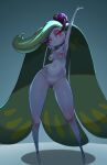 absurd_res areola blush breasts eyelashes eyeliner female fingers generation_7_pokemon genitals green_body hi_res hitmanatee humanoid light lighting makeup navel nintendo nipples open_mouth pink_eyes pokemon pokemon_(species) pseudo_clothing pupils pussy_tape shadow simple_background solo standing tape tsareena vulva white_body