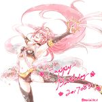  1girl alternate_costume artist_name cosplay dancer dancing dated fire_emblem fire_emblem_heroes fire_emblem_if flower hair_flower hair_ornament hairband happy_birthday insarability long_hair midriff navel olivia_(fire_emblem) olivia_(fire_emblem)_(cosplay) open_mouth pink_hair purple_eyes simple_background soleil_(fire_emblem_if) solo teeth white_background 