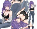  1girl adjusting_hair arm_between_legs artist_name asahina_mafuyu black_choker black_shoes black_sports_bra blush breasts choker cleavage commentary_request covered_navel crossed_bangs full_body grey_pants hair_between_eyes hair_ornament hair_over_shoulder hair_scrunchie hand_up high_ponytail highres jacket large_breasts long_hair looking_at_viewer midriff multiple_views off_shoulder open_clothes open_jacket pants ponytail project_sekai purple_eyes purple_hair scrunchie shoes sidelocks simple_background sitting sneakers sports_bra standing sweatpants usagi_melon3 white_background white_jacket yoga_pants 
