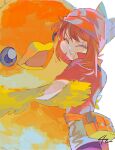  1girl bandana bike_shorts blush brown_hair closed_mouth fanny_pack gloves holding hug may_(pokemon) open_mouth pokemon pokemon_(creature) pokemon_rse red_bandana red_shirt senzzang shirt short_hair shorts shorts_under_shorts smile torchic 