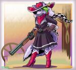 4_fingers anthro belt black_nose blue_body blue_fur boots breasts canid canine canis clothed clothed_anthro clothed_female clothing cowboy cowboy_boots cowboy_hat ears_through_headwear female fingers five_nights_at_freddy&#039;s five_nights_at_freddy&#039;s:_secret_of_the_mimic five_nights_at_freddy&#039;s:_security_breach footwear fur gloves green_highlights grey_hair gun hair handwear hat headgear headwear hi_res high_heeled_boots high_heels highlights_(coloring) humanoid_hands mammal mecknnick01 ranged_weapon rifle roxanne_wolf scarf scottgames shoes smile solo standing steel_wool_studios tail teeth weapon wolf