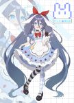 1girl absurdly_long_hair absurdres alice_(alice_in_wonderland) alternate_costume alternate_hairstyle animal aqua_halo aris_(blue_archive) asymmetrical_legwear black_choker black_shoes blue_archive blue_dress bow bowtie character_name checkered_background checkered_pantyhose chinese_commentary choker clothes_lift commentary_request cosplay dress dress_lift full_body hair_bow halo highres holding holding_animal holding_rabbit long_hair looking_at_viewer mismatched_legwear pantyhose puffy_short_sleeves puffy_sleeves rabbit red_bow red_bowtie shoes short_sleeves standing striped_clothes striped_pantyhose twintails very_long_hair white_background wrist_cuffs wuqi_wupenguin zoom_layer 