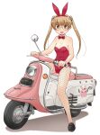 1girl :d animal_ears black_pantyhose bow bowtie breasts brown_eyes brown_hair collar detached_collar emblem fake_animal_ears fishnet_pantyhose fishnets fuji_rabbit full_body girls_und_panzer glasses hair_ribbon hairband holding knife leotard loafers long_hair looking_at_viewer motor_vehicle on_scooter oono_aya open_mouth pantyhose playboy_bunny rabbit rabbit_ears red_bow red_bowtie red_hairband red_leotard red_ribbon ribbon round_eyewear scooter shadow shoes side-tie_leotard simple_background sitting small_breasts smile solo strapless strapless_leotard twintails uona_telepin white_background white_collar wrist_cuffs 