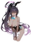  1girl absurdres ahoge animal_ear_hairband animal_ears bare_shoulders black_hair black_leotard blue_archive blue_bow blue_bowtie blush bow bowtie breasts cleavage closed_mouth commentary cropped_legs dark-skinned_female dark_skin detached_collar fake_animal_ears fishnet_pantyhose fishnets gloves gradient_hair hair_between_eyes hairband halo hands_on_thighs highleg highleg_leotard highres karin_(blue_archive) karin_(bunny)_(blue_archive) large_breasts leaning_forward leotard long_hair looking_to_the_side multicolored_hair number_tattoo official_alternate_costume pantyhose playboy_bunny ponytail purple_hair purple_halo rabbit_ear_hairband rabbit_ears rabbit_tail shoulder_tattoo simple_background solo strapless strapless_leotard symbol-only_commentary tail tattoo thighs traditional_bowtie very_long_hair white_background white_gloves yellow_eyes yue3621 