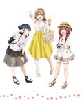  3girls :d aqua_eyes artbook bag black_skirt blue_hair blush brown_hair camera collarbone floral_print food full_body hair_between_eyes hair_bun hair_over_shoulder handbag hat high_heels highres holding holding_camera ice_cream kunikida_hanamaru kurosawa_ruby leaning_forward long_hair looking_at_viewer love_live! love_live!_sunshine!! low_twintails multiple_girls nail_polish non-web_source official_art open_mouth paw_print print_shirt print_skirt purple_eyes red_hair ribbon round_teeth sandals shirt short_sleeves simple_background single_hair_bun single_side_bun skirt smile socks standing teeth tsushima_yoshiko twintails v white_background white_shirt yellow_eyes yellow_skirt 