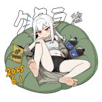  1girl :t absurdres albino anger_vein angry artist_name bandaid bandaid_on_leg barefoot black_shorts blush chips_(food) cola dated feet flying_sweatdrops food foreshortening grey_jacket highres jacket long_hair lying midriff narrowed_eyes navel on_back original pale_skin pepsi pointy_ears potato_chips pout red_eyes sally_v_frank shorts signature soles solo stomach toes v-shaped_eyebrows white_hair 