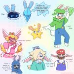 1:1 3_toes 4_fingers angry anthro armless artist_name beep-0 black_eyeliner blonde_eyebrows blue_body blue_claws blue_cloak blue_clothing blue_ear_piercing blue_eyes blue_inner_ear blue_overalls bottomwear brown_eyebrows brown_facial_hair brown_mustache buckteeth button_(fastener) claws cloak clothed clothed_anthro clothed_female clothed_male clothing colored cross-popping_vein crossover crown dialogue digital_drawing_(artwork) digital_media_(artwork) directional_arrow dress ear_tuft ears_down english_description english_text eyebrows eyelashes eyeless eyeliner facial_hair featureless_arms featureless_legs feet female female_anthro finger_claws fingers floating_ears fluffy fluffy_tail frisbee fully_clothed fully_clothed_anthro fully_clothed_female fully_clothed_male fur furrowed_brow furrowed_eyebrows gaypastabake green_clothing green_hat green_headwear green_shirt green_topwear group hair hair_over_eye half-closed_eyes hat headgear headwear hi_res holding_frisbee hooded_cloak jeanie_(mario_plus_rabbids) lagomorph legless light lighting long_ears machine makeup male male_anthro mammal mario_bros mario_plus_rabbids_kingdom_battle midriff mouthless multiple_images mustache narrowed_eyes nintendo noseless on_one_leg open_mouth open_smile overalls pink_bottomwear pink_clothing pink_eyelids pink_inner_ear pink_mouth pink_shirt pink_topwear pivoted_ears purple_inner_ear rabbid rabbid_luigi rabbid_mario rabbid_peach rabbid_rosalina raving_rabbids rayman_(series) red_clothing red_hat red_headwear red_tongue robot screen screen_face scut_tail shaded shirt shirtless_anthro shirtless_male short_tail sideways_hat sigh simple_background sketch_page smile spark_(mario_plus_rabbids) speech_bubble squint standing star_(shape) star_ear_ring starburst_(mario_plus_rabbids) stooge_(mario_plus_rabbids) tail tan_body tan_eyelids tan_inner_ear tan_skin teal_clothing teal_dress teeth text toes tongue topwear tuft ubisoft white_body white_fur white_mask white_tail yellow_body yellow_skin