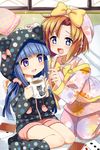  2girls :d alternate_hairstyle animal_hood bangs blue_eyes blue_hair blunt_bangs blush bow card cat_hood child cup drink floral_print friends furude_rika futon hat higurashi_no_naku_koro_ni hood hot_chocolate kamaboko_red long_hair long_sleeves looking_at_another low_twintails mug multiple_girls open_mouth orange_hair pajamas pillow playing_card polka_dot purple_eyes raised_eyebrows ryuuguu_rena short_hair shorts sitting sleepover smile tatami twintails 