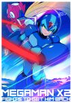  2girls android arm_cannon armor back blonde_hair blue_armor blue_helmet cloud cloudy_sky dated forehead_jewel gloves glowing green_eyes guutara helmet highres long_hair male_focus mega_man_(series) mega_man_x2 mega_man_x_(series) multiple_girls ponytail red_armor red_helmet robot robot_ears romaji_text running signature sky solo_focus star_(sky) starry_sky very_long_hair weapon white_gloves x_(mega_man) zero_(mega_man) 