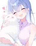  1girl ^_^ american_curl animal_hug blue_hair blush cat closed_eyes collared_shirt commentary heart highres idolmaster idolmaster_shiny_colors long_hair pink_shirt shirasato_(phzm8733) shirt simple_background sleeveless sleeveless_shirt smile straight_hair suzuki_hana upper_body white_background white_cat 