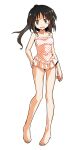  1girl alphes_(style) alternate_costume bare_arms bare_legs bare_shoulders barefoot black_eyes black_hair breasts casual_one-piece_swimsuit collarbone commentary_request dairi full_body hair_up hakurei_reimu hand_on_own_hip legs_apart looking_at_viewer medium_breasts no_hair_bow no_hair_ornament one-piece_swimsuit open_mouth parody polka_dot polka_dot_swimsuit ponytail silent_sinner_in_blue solo standing style_parody swimsuit tachi-e tearing_up touhou touhou_bougetsushou transparent_background white_one-piece_swimsuit 