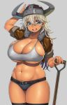  1girl arm_behind_head belt black_belt black_thighhighs blue_eyes blue_shorts breasts brown_hair brown_jacket cleavage covered_nipples cowboy_shot cropped_jacket fake_horns fur-trimmed_jacket fur_trim grey_background grey_sports_bra helmet highres holding holding_shovel horned_helmet horns huge_breasts jacket long_hair looking_at_viewer micro_shorts navel original plump shiny_skin short_sleeves shorts shovel simple_background skindentation solo sports_bra stomach tan teeth thighhighs tsuji_santa underboob upper_teeth_only 