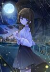  1girl blue_eyes blunt_bangs blush breasts brown_hair cloud commentary_request cowboy_shot floating_clothes from_side full_moon grey_skirt handrail head_tilt highres holding holding_umbrella light_particles long_hair long_sleeves looking_at_viewer looking_to_the_side medium_breasts moon night night_sky original outdoors parted_lips pier railing rain raised_eyebrows reflection reflective_water safuapurin see-through_skirt_layer shirt skirt sky skyline solo standing star_(sky) tareme transparent transparent_umbrella turning_head umbrella umbrella_over_shoulder water white_shirt 