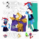  1boy 1girl alternate_costume animal_ears asgore_dreemurr beard black_shoes black_skirt blonde_hair blue_skin cloak colored_sclera colored_skin cropped_torso facial_hair fins fish_girl furry furry_male goat_boy goat_ears goat_horns head_fins highres holding holding_watering_can horns kanianoreki kneehighs loafers multiple_views neckerchief open_mouth purple_cloak red_hair red_neckerchief school_uniform serafuku sharp_teeth shirt shoes simple_background skirt socks speech_bubble teeth undertale undyne watering_can white_background white_shirt white_socks yellow_sclera 