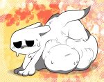 2022 abdominal_bulge absurd_res ambiguous_gender ambiguous_pred belly big_belly black_eyes blush bodily_fluids digital_media_(artwork) empty_eyes feral feral_pred fur hi_res huge_belly mammal monotone_body monotone_fur pawplants rain_world slugcat survivor_(rain_world) sweat tail unseen_prey videocult vore white_body white_fur white_tail