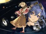  2girls absurdres balancing black_hairband blonde_hair blue_eyes blue_hair braid braided_bangs brown_dress cloak dress foot_up full_body hair_intakes hair_ornament hairband highres kiperina long_dress long_hair looking_at_viewer looking_up low_ponytail multiple_girls neckerchief orbital_path outstretched_arms parted_lips planet ponytail red_cloak red_neckerchief red_shoes reverse:1999 shoes smile space spread_arms star_(sky) star_(symbol) star_hair_ornament tightrope vinyl_record voyager_(reverse:1999) wu_fuzuoyong 