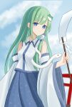  16sanrach 1girl absurdres blue_eyes blue_skirt breasts chinese_commentary closed_mouth cloud cloudy_sky commentary_request detached_sleeves frog_hair_ornament gohei green_hair hair_ornament hair_tubes highres holding holding_gohei kochiya_sanae long_hair looking_at_viewer outdoors single_hair_tube skirt sky smile snake_hair_ornament solo torii touhou very_long_hair 
