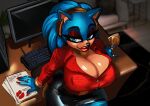 2025 5_fingers anthro big_breasts black_nose blue_eyes blue_hair bottomwear bracelet breasts businesswear cleavage clothed clothing collared_shirt colored_nails computer computer_keyboard condom condom_wrapper contract crossgender curvy_figure desk djpuppeh dress_shirt electronics eulipotyphlan eyebrows eyelashes eyeshadow female fingers furniture hair hedgehog hi_res holding_condom holding_object huge_breasts jewelry kiss_mark lipstick long_hair looking_at_viewer makeup mammal markings miniskirt mole_(marking) monitor mtf_crossgender nails office_lady paper red_eyeshadow red_lipstick red_nails ring sega sexual_barrier_device shirt sitting skirt smile solo sonic_the_hedgehog sonic_the_hedgehog_(series) table thick_thighs topwear voluptuous wide_hips
