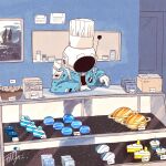  1other absurdres arm_rest artist_name backpack bag bakery blue_jacket box cake cake_slice chef chef_hat commentary cupcake food gloves half_moon hat helmet highres indoors jacket kazunoko_(kazunoko_zunoco) looking_at_food moon original other_focus painting_(object) planet planetary_ring pointing radio_antenna saturn_(planet) shop signature solo space_helmet standing star_(sky) sweets toque_blanche white_gloves 