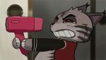 acidic animated anthro bared_teeth brown_eyes cid_(acidic) clothed clothing dandadan domestic_cat dryer felid feline felis fur grey_body grey_fur hair_dryer head_tuft holding_hair_dryer holding_object male mammal notched_ear short_playtime side_view solo tuft yellow_sclera