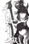  3girls animal_ears beanie braid braided_ponytail bucket_hat chibi closed_eyes closed_mouth ears_through_headwear frown greyscale hand_on_headwear hat highres holding holding_towel horse_ears horse_girl horse_tail jewelry jitome long_hair looking_at_viewer mask monochrome mouth_mask multiple_girls multiple_views nakayama_festa_(umamusume) open_mouth panipuri pendant shirt shorts sirius_symboli_(umamusume) slippers smile standing symboli_rudolf_(umamusume) tail towel umamusume v v-shaped_eyebrows yawning 