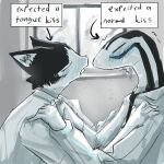 1:1 2023 affectionate anthro anticipation aoi_(mucknagabe) blush blush_lines clothed clothing daww domestic_cat duo english_text eyes_closed facing_each_other felid feline felis flustered fully_clothed hachi_(mucknagabe) hand_on_chest hasn&#039;t_kissed_anyone_ever_vs_expecting_a_kiss_with_tongue_(meme) head_markings heavy_blush hi_res holding_another holding_back holding_chest holding_each_other imminent_kiss inexperienced inside light_blush lizard male male/male mammal markings meme monotone_blue motion_lines multicolored_body murace4 necktie open_mouth reptile romantic romantic_couple scales scalie school_uniform shaking shirt side_view simple_background sketch skink striped_body striped_scales stripes text tongue tongue_out topwear trembling tuxedo_cat two_tone_body uniform whiskers white_body white_clothing white_shirt white_topwear window