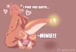  &lt;3 anthro anus backsack balls blush butt charmander cum cum_on_butt cum_string digital_media_(artwork) english_text fan_character fire flaming_tail full-length_portrait hadou humor kneeling looking_at_viewer male nintendo nude perineum pok&eacute;mon portrait presenting pun raised_tail rear_view satsui-n0-had0u scalie signature solo text thick_thighs video_games visual_pun 