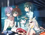  :&lt; :3 alternate_hairstyle barefoot bed black_hair blonde_hair box brown_hair bunk_bed casual character_doll chips clothes_writing commentary curtains dvd_case food fubuki_(kantai_collection) fusou_(kantai_collection) green_eyes hair_bobbles hair_ornament hairclip jacket kantai_collection kisaragi_(kantai_collection) long_hair lying mouth_hold multiple_girls mutsuki_(kantai_collection) potato_chips red_eyes remodel_(kantai_collection) shorts sitting smile sweat television topknot v_r_dragon01 watching watching_television yuudachi_(kantai_collection) 