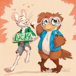 animancer avian bird bottomwear clothing digitigrade dipodid edge_borb eyewear fur glasses green_eyes hi_res hoodie jerboa luck_(animancer) mammal paws rodent shorts sign topwear white_body white_fur