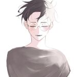 1boy black_hair blush closed_eyes commentary dandadan facing_viewer glasses grey_shirt messy_hair nimaigai_2222 open_mouth round_eyewear shirt short_hair solo straight-on takakura_ken_(dandadan) upper_body white_background 