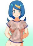  1girl blue_eyes blue_hair blush breasts bright_pupils collarbone ero_kaeru fishnet_top fishnets highres lana&#039;s_mother_(pokemon) long_hair looking_at_viewer low_ponytail mature_female medium_breasts navel nipples no_sclera nude pokemon pokemon_(anime) pokemon_sm_(anime) ponytail smile solo split_ponytail white_pupils 