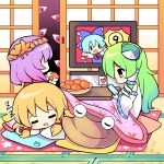  3girls cellphone circled_9 cirno commentary_request detached_sleeves disembodied_eye food frog_hair_ornament fruit gap_(touhou) green_hair hair_ornament hair_ribbon hat heart highres holding holding_food holding_fruit holding_phone indoors kochiya_sanae kotatsu leaf_hair_ornament long_sleeves lying moriya_suwako multiple_girls notification on_stomach orange_(fruit) peeling phone purple_hair ramudia_(lamyun) red_ribbon ribbon rope shirt short_hair sleeping sliding_doors smartphone snake_hair_ornament table tatami television touhou tress_ribbon under_kotatsu under_table unworn_hat unworn_headwear watching_television white_shirt white_sleeves wide_sleeves yasaka_kanako yellow_eyes zzz 