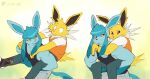anthro athletic athletic_anthro athletic_male biceps black_clothing black_topwear blue_arms blue_body blue_ears blue_fingers blue_hands bottomwear clothed clothing dahecksajerry duo eeveelution fully_clothed fur generation_1_pokemon generation_4_pokemon glaceon grey_bottomwear grey_clothing grey_pants hi_res jolteon male multicolored_clothing multicolored_shirt multicolored_topwear nintendo orange_clothing orange_shirt orange_topwear pants pierrot_(dahecksajerry) pokemon pokemon_(species) shirt sleeveless_shirt topwear two_tone_clothing two_tone_shirt two_tone_topwear white_clothing white_shirt white_topwear yellow_body yellow_ears yellow_fur